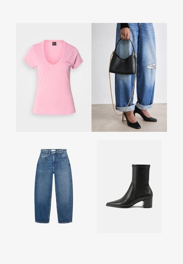 Růžové tričko s výstřihem do V vyrobené z jemné bavlny. Má krátké rukávy a jemně vyšívané logo na levé hrudi. Hladká textura, přiléhavý střih.; Džíny z modré denimu s vysokým pasem a rovnými nohavicemi, vybavené pěti kapsami, poutky na opasek a jemným vyblednutím pro přidanou texturu.; Černé kožené kotníkové boty s hladkým povrchem, špičatou špičkou, blokovým podpatkem a výrazným vyvýšeným šitím na horním okraji.; Černá kožená kabelka s křivkovým tvarem, krátkým uchem a zlatým řetízkovým zda. Nosit s opotřebenými modrými džíny a černými vysokými podpatky.
