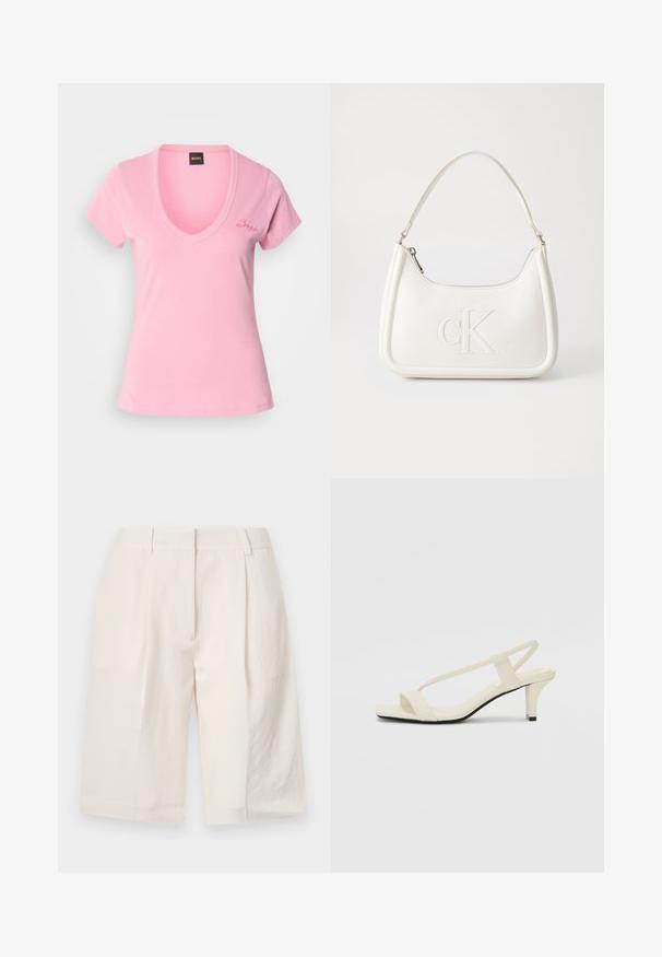 Rozā V veida kakla T-krekls, izgatavots no mīksta kokvilnas. Iespējas ietver īsas piedurknes un smalku izšūtu logo kreisajā krūtī. Gluda tekstūra, pieguļošs dizains.; Baltas linu šorti ar pielāgotu dizainu, ar izšūtu priekšpusi un plašiem kāju atverēm. Gluda tekstūra un garums līdz vidējam augšstilbam.; Beige bloku papēžu sandales ar plānām siksnām un kvadrāta formas purngalu. Gluda materiāla virsma ar minimālām detaļām, paredzētas ērtai nēsāšanai.; Balta ādas rokassoma ar noapaļotu formu, uz kuras priekšpuses ir izgriezts "CK" logo un viena plecu siksna. Augšā aizverama ar rāvējslēdzēju.