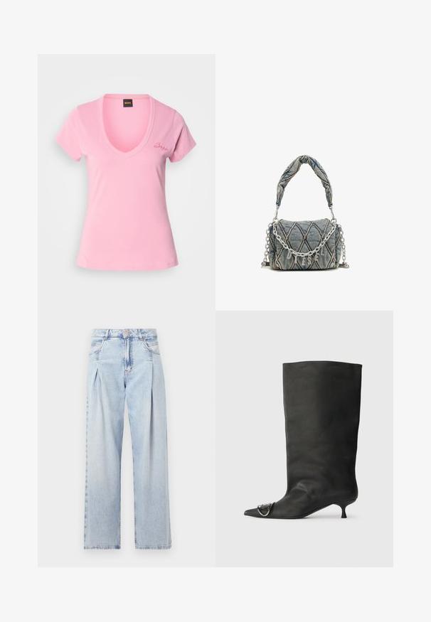 Vaaleanpunainen V-henkinen t-paita, joka on valmistettu pehmeästä puuvillasta. Ominaisuuksina lyhyet hihat ja hienovarainen brodeerattu logo vasemmassa rinnassa. Sileä pinta, istuva muotoilu.; Vaaleansiniset farkut, joissa on korkea vyötärö, leveälahkeinen leikkaus, kaksi sivutaskua ja pleatattu muotoilu. Pehmeä rakenne, jossa on haalistunut viimeistely.; Musta nahkainen nilkkabootsi, jossa on terävä kärki, pieni korko ja metallinen korostus kärjessä. Pehmeä, mattapintainen rakenne kauttaaltaan.; Denim-laukku, jossa on tikattu kuvio, sininen väri, lyhyt punottu kahva ja hopeaketjuhihna, jossa on metalliset brändin kirjainyksityiskohdat.