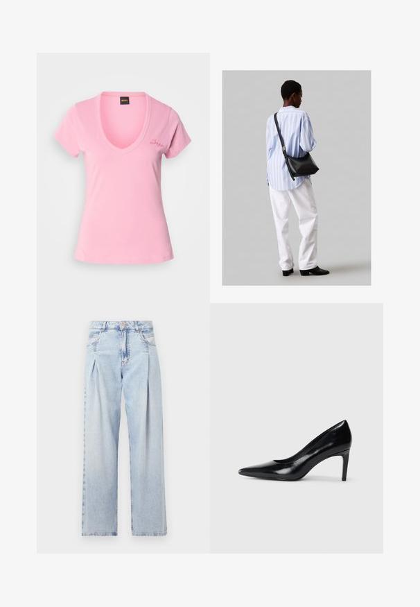Rožinė V-kaklo marškinėliai, pagaminti iš minkštos medvilnės. Savybės: trumpomis rankovėmis ir subtiliu išsiuvinėtu logotipu kairėje krūtinėje. Lygi tekstūra, prigludęs dizainas.; Šviesiai mėlyni džinsai su aukštu liemeniu, plačiomis kojomis, dviem šoninėmis kišenėmis ir raukinių dizainu. Minkšta tekstūra su nudilusia apdaila.; Juodas odinis aukštakulnis batelis su smailiu pirštu, lygiu paviršiumi ir siauru kulnu. Minimalistinis dizainas, jokių papildomų puošmenų.; Juodas odinis petinis krepšys su minkšta tekstūra, trikampiu pavidalu ir reguliuojama juosta, derinamas su šviesiai mėlynu dryžuotu marškinėliu ir baltais džinsais.