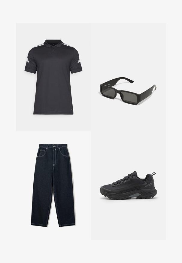 Černé polo tričko s klasickým límcem, plaketou na tři knoflíky, krátkými rukávy a bílými pruhy na ramenou. Vyrobené z prodyšné tkaniny.; Široké tmavé džínové kalhoty s kontrastním bílým prošíváním, pěti kapsami a zapínáním na knoflík. Mají vysoký pas.; Černá trailová běžecká obuv s texturovaným síťovaným svrškem, vyztuženou gumovou špičkou a robustní podrážkou. Reflexní detaily a podpůrný design paty.; Černé sluneční brýle s obdélníkovými čočkami, matný plastový rám a rovné okraje. Obsahují logo značky na vnitřní straně ramena.
