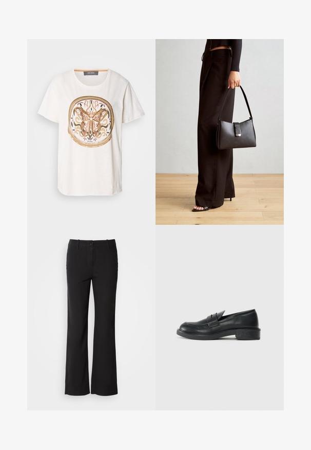 Valge puuvillane T-särk, millel on detailne liblikas graafika roosa ja kuldse värviga, koos dekoratiivsete pööriste ja ümmarguse servaga. Lühikesed varrukad ja ümmargune kaelus.; Mustad puuvillasegu püksid sirge lõikega, ees nupuga kinnitamine ja kaks külge taskut. Sile tekstuur, nähtavaid mustreid ei ole.; Mustad nahast loafers ümarate varvastega, tikkimiste detailidega ja väikese kandiga. Sile pind ja paindlik kummist tald.; Must musta kott, millel on struktureeritud kuju, sile tekstuur ja metallist klamber. Kombineeritud laiate mustade pükstega ja avatud varvaste sandaalidega puidust põrandal.