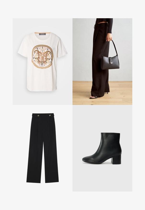 Biała bawełniana koszulka z krótkim rękawem, z widocznym detalem motyla w odcieniach różu i złota, ozdobionego dekoracyjnymi zawijasami i okrągłym obramowaniem. Okrągły dekolt.; Czarne szerokie spodnie z wysokim stanem, z detalami w postaci guzików na pasku oraz plisami z przodu.; Czarne skórzane botki za kostkę z ostrym noskiem i masywnym obcasem. Gładka tekstura z minimalnymi akcentami i elegancki, dopasowany fason.; Czarna torebka o usztywnionym kształcie, gładkiej fakturze i metalowym zapięciem. Połączona z szerokimi czarnymi spodniami i sandałami na otwartym palcu na drewnianej podłodze.