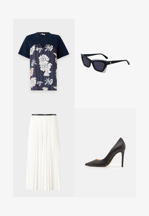 Marineblauwe t-shirt met bloemenprint in wit en lichtroze, voorzien van verticale rode strepen en een V-vormige halslijn. Korte mouwen.; Plisséminirok in het wit met een zwarte elastische tailleband met het "LACOSTE"-logo. Middellange ontwerp met een zachte textuur.; Zwarte leren hoge hakken met een spitse neus en een gladde textuur, met een slanke hak en een minimalistisch ontwerp.; Zwarte oversized zonnebril met een geometrische vorm, voorzien van donkere glazen en een contrasterend grijs detail op het montuur. Logo op de arm.