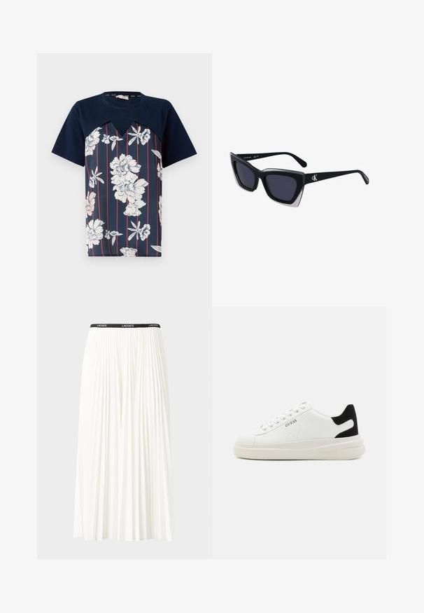 Tamnoplava majica s cvjetnim uzorkom u bijeloj i svijetlo ružičastoj boji, s vertikalnim crvenim prugama i dekolteom u obliku slova V. Kratki rukavi.; Nabrana bijela suknja s crnim elastičnim pojasom na kojem se nalazi logo "LACOSTE". Srednje dugačak dizajn s mekim teksturom.; Bijele kožne tenisice s debelim bijelim potplatom, crnim zamšastim akcentom na peti i ugraviranim logom sa strane. Dizajn s vezicama i šest rupa za vezivanje.; Crne oversize sunčane naočale geometrijskog oblika, s tamnim staklima i kontrastnom sivom dekoracijom na okviru. Logo na dršci.