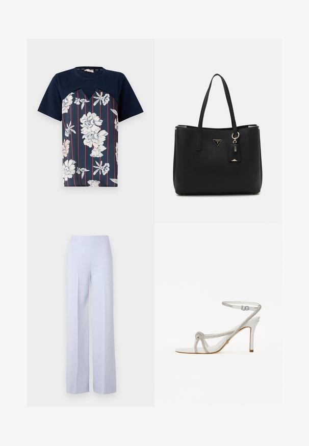 Navyblå t-shirt med blomsterprint i hvid og lyserød, med lodrette røde striber og en v-formet halsudskæring. Korte ærmer.; Lyseblå bredbugede bukser lavet af blødt stof, med en høj talje og frontfolder for ekstra strukturer.; Hvide højhælede sandaler med en tekstureret rem prydet med rhinsten, åben tå-design og ankelrem med justerbar spænde.; Sort totebag lavet af struktureret syntetisk materiale, med to håndtag, en guldlogo-plade og et lille mærke med en accentdetalje.