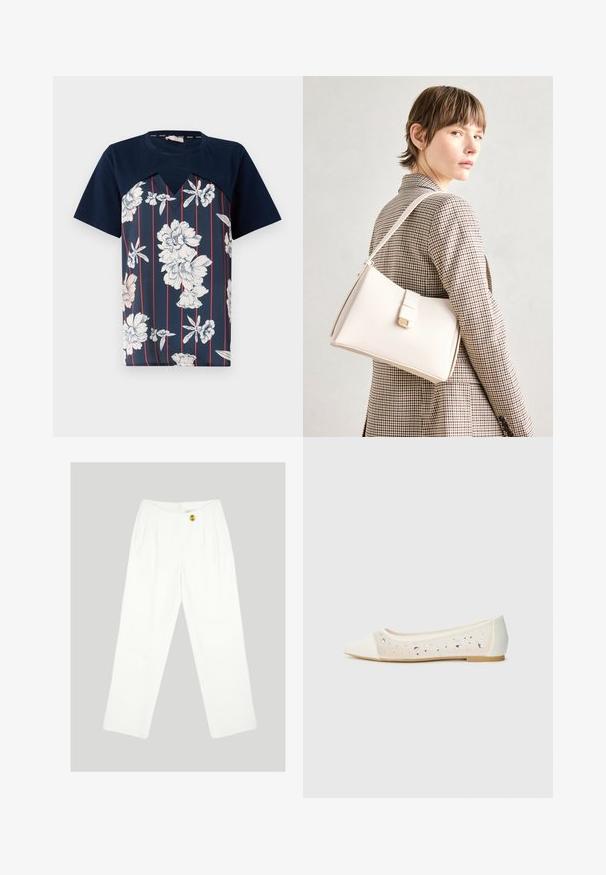 Mørkeblå t-skjorte med blomstertrykk i hvitt og lys rosa, med vertikale røde striper og V-hals. Korte ermer.; Hvite, vide bukser laget av glatt stoff. Har en enkelt gul knapplukking og plissert frontdesign. Ingen synlige lommer.; Spiss tå ballettleestøvel i kremfarget skinn med gjennomsiktig overdel som har spredte rhinestones. Myk såle for komfort, minimalistisk design.; Hvit lær veske med en strukturert design, med magnetlås og skulderstropp, vist mot en nøytral bakgrunn.