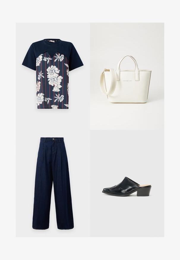 Navy blue t-shirt with floral print in white and light pink, featuring vertical red stripes and a v-shaped neckline. Short sleeves.; Dark blue denim wide-leg trousers with a high waist, pleated front, and classic button closure, featuring side pockets and contrasting stitching.; Black patent leather mules with a pointed toe, a curved design, and a low block heel featuring decorative stitching along the upper.; White faux leather handbag with short handles, adjustable shoulder strap, and gold-toned hardware; features a subtle logo on the front.