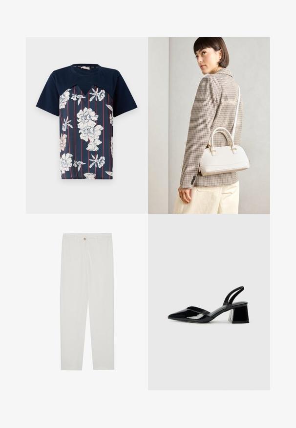 Tumed sinine T-särk valgete ja heleda roosa lillelise mustriga, vertikaalsete punaste triipudega ja V-kujulise kaelusega. Lühikesed varrukad.; Valged kohandatud püksid sirge lõikega, varustatud nupuga kinnitusega, vöödega ja küljetaskutega; sile kangatekstuur.; Mustad musta lakknahk kingad, millel on terav varvas ja geomeetriline plokkkonts. Omab elegantselt minimalistlikku disaini ja sujuvat tekstuuri.; Valge struktureeritud käekott lühikeste käepidemete ja õlavööga, millel on kuldse riistvara aktsendid ja tekstuuriga materjal, eksponeeritud halli taustal.