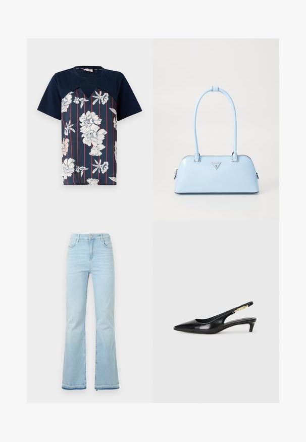Navy blue t-shirt with floral print in white and light pink, featuring vertical red stripes and a v-shaped neckline. Short sleeves.; Light blue flared jeans made of denim, featuring a high waist, front pockets, and a raw hem at the cuffs for a casual look.; Black leather slingback heels with a pointed toe, featuring a slim heel and a gold-tone accent on the adjustable strap. Smooth texture.; Light blue handbag with a structured shape, smooth leather material, two handles, and a triangular brand logo on the front. Zippered closure.