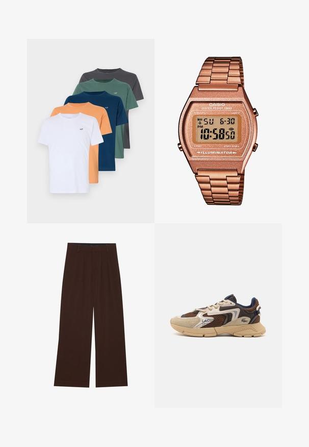 Hollister Co. Icon Crew T-Shirt 5-Pack - T-paita - multi coloured; Ruske leve široke hlače z gubami. Narejene so iz gladkega blaga, z oblikovanim pasom in stranskimi žepi. Ravna obleka na dnu.; Beige ja pruun tennised tekstuursete võrgupaneelidega, sametised aktsendid ja kummist talla. Omab nöörimise disaini ja bränditud detaile.; Digitaalinen Casio-kello, jossa on ruusukultainen metalliranneke, suorakaiteen muotoinen kuori, valaistu näyttö ja vedenkestävyys, näyttää ajan ja päivämäärän.