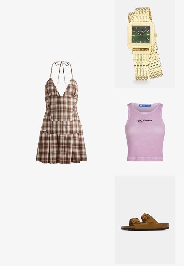Fialový žebrovaný top bez rukávů s kulatým výstřihem, vepředu s černým logem "KARL LAGERFELD JEANS". Hladká textura a přiléhavý střih.; House of Sunny THE HOXTON CHECK DRESS - Denní šaty - multi-colored; Hnědé semišové sandály se dvěma nastavitelnými přezkami, korkovou stélkou a strukturovanou gumovou podrážkou. Otevřené špičky a snadné obouvání pro maximální pohodlí.; Černá kožená kabelka se strukturovaným designem, horním držadlem, odnímatelným ramenním popruhem a zlatými kováními. Obsahuje přední zapínání na klips.; Zlaté čtvercové hodinky s gradientním zeleným ciferníkem, zlatými hodinovými značkami a síťovým náramkem. Název značky "CLUSE" zobrazen na ciferníku.; Zlatý řetízek s malými bílými korálky, s jemným designem a nastavitelnou délkou, zakončený karabinovým zapínáním.