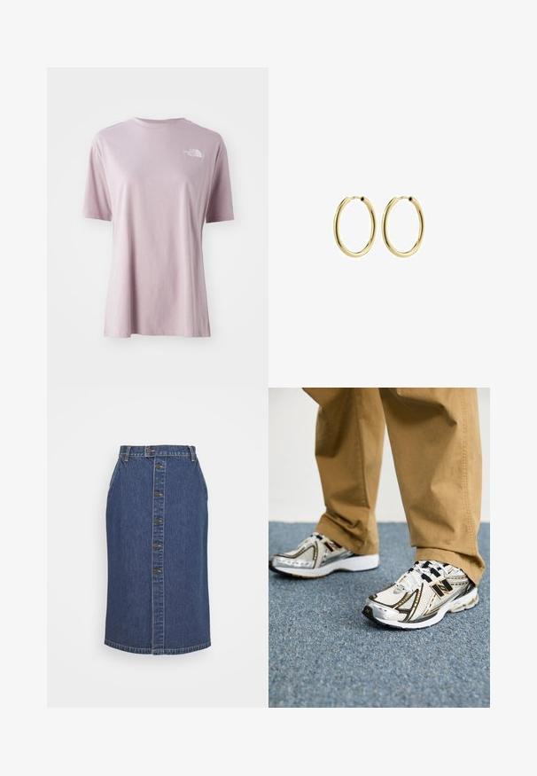Svetlofialová tričko s krátkymi rukávmi vyrobené z mäkkej tkaniny, so bielym logom na hornej ľavej strane hrude a voľným strihom.; Džínová ceruzková sukňa v tmavomodrej farbe, so zapínaním na gombík vpredu, vertikálnymi švami a klasickým lemom.; Biele a strieborné tenisky New Balance s čiernymi akcentmi a šnúrkami, s priedušným vrchom, polstrovanou podrážkou a dynamickým dizajnom.; Zlaté kovové kruhové náušnice s hladkým povrchom, kruhovým tvarom a bezpečným zapínaním. Leštený povrch bez viditeľných vzorov alebo akcentov.