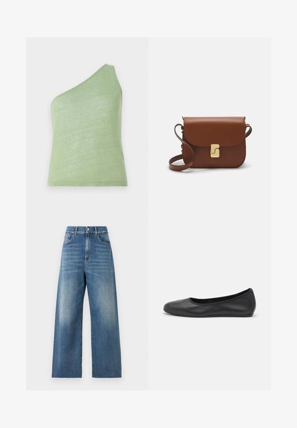 Aszimmetrikus zöld top puha, könnyű anyagból, egyetlen vállpánttal és sima felülettel.; Magas derekú, bő szárú farmernadrág kék denimből, megfakult felülettel. Jellemzői közé tartozik a két elülső zseb és az egy gombos zárás.; Fekete bőr balettcipő lekerekített orral, sima tekstúrával, minimális varrással és rugalmas talp kialakítással.; Barna bőr kézitáska, hajtókás zárással, arany színű fém kiegészítőkkel, vállpánttal és sima felülettel. Kompakt téglalap alakú.