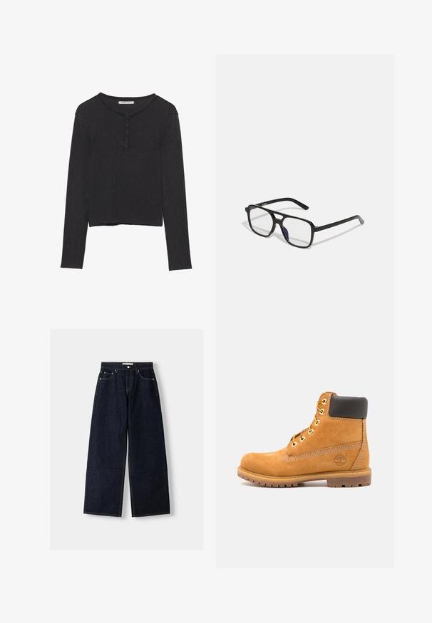 Zwart, lange mouwen, geribbelde top met een ronde hals en een drieknopssluiting aan de voorkant. Beschikt over een cropped zoom en een zachte textuur.; Donkerblauwe denim wijduitlopende jeans met een hoge taille, vijf zakken, contrasterende stiksels en zilveren metalen hardware. Gladde textuur en een nette afwerking.; Bruine leren enkelboot met zwarte voering, gouden oogjes en een gestructureerde zool. Kenmerkt zich door een cirkelvormig logo aan de zijkant en stikselaccenten.; Zwarte rechthoekige brillen met heldere lenzen en een subtiele paarse tint, met slanke armen en een minimalistisch ontwerp.