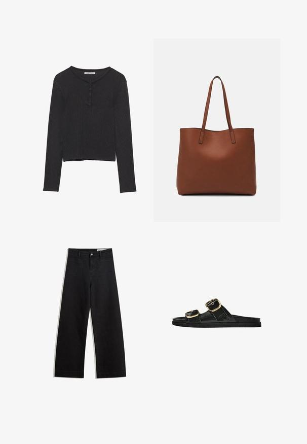 Schwarzes, langärmliges, geripptes Oberteil mit rundem Halsausschnitt und drei Knöpfen vorne. Mit einem cropped Saum und weicher Textur.; Schwarze weit geschnittene Jeans mit hoher Taille, ausgestattet mit Vorder- und Hintertaschen, gesteppten Nähten und einem Knopfverschluss. Glatte Textur.; Schwarze Riemensandale mit zwei goldenen Schnallendetails, glattem Material, flachem Sohlen und minimalistischer Gestaltung.; Braune Leder-Tote mit glatter Textur, offenem Oberteil und zwei Schulterriemen. Verfügt über minimale Nähte und keine sichtbaren Beschläge.