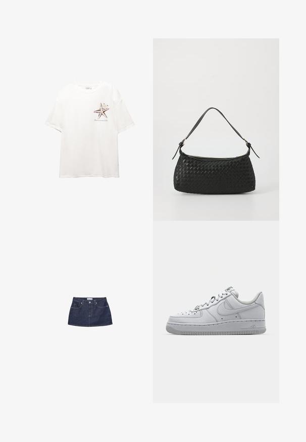 Weißes Baumwoll-T-Shirt mit einem braunen Seestern-Graphic auf der linken Brust. Kurze Ärmel mit einem lockeren Schnitt und Rundhalsausschnitt.; Dunkelblaute Denim-Minirock mit tailliertem Bund, Fronttaschen und einem Metallknopfverschluss. Glatte Textur und klassischer Schnitt.; Weiße Leder-Sneaker mit niedrigem Design, runder Zehenpartie, perforierten Details und rutschfester Gummisohle. Mit grauen Akzenten auf der Zunge.; Schwarze geflochtene Schultertasche mit einem glatten Ledertragegurt und Reißverschluss. Verfügt über eine strukturierte Oberfläche und eine gebogene Form.
