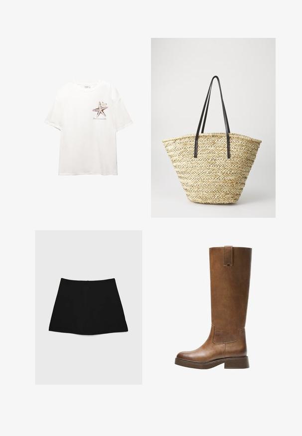 Bílá bavlněná tričko s hnědou grafikou hvězdice na levé straně hrudi. Krátké rukávy, uvolněný střih a design s kulatým výstřihem.; Černá minisukně s hladkým povrchem, áčkovým střihem a zakulaceným lemem. Obsahuje zadní zip pro zapínání, bez dalších vzorů nebo akcentů.; Hnědé kožené vysoké boty na kolena s kulatou špičkou, texturovaným povrchem a nízkým patem s podstavcem. Obsahují boční panel a poutko na horní části.; Tkaná slámová taška s širokým, zúženým tvarem, se dvěma černými koženými uchy. Přírodní béžová barva s texturovaným povrchem.