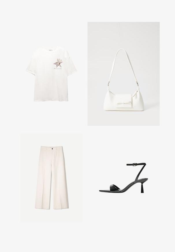Witte katoenen t-shirt met een bruine sterfishaftige opdruk aan de linkerkant van de borst. Korte mouwen met een ontspannen pasvorm en een ronde hals.; Crème brede broek met een tailored ontwerp, voorzien van twee voorzakken en een enkele sluiting met een knop aan de voorkant, gemaakt van een gladde stof.; Bershka Sandalen met hoge hak - black; Witte synthetische handtas met een driehoekige vorm, platte voorklep en strikdetail, verstelbare schouderriem, gladde textuur en minimalistisch ontwerp.
