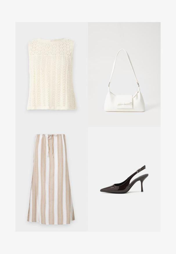 Adīts bez piedurknēm tops krēmkrāsā, ar teksturētu rakstu, kas veidots no lapu motīviem, un apaļu kakla izgriezumu. Aizmugurējā aizdare ar nelielu atslēgas caurumu.; Svītrainā svārki baltā un gaiši brūnā krāsā, ar aukliņu jostu un garu, plūstošu dizainu. Izgatavoti no viegla auduma ar brīvu piegriezumu.; Slingback augstpapēžu kurpe ar spīdīgu tumši brūnu lakotu ādu, ar norādītu purngalu, atvērtām pusēm un regulējamu potītes siksniņu.; Balta sintētiska soma ar trīsstūrveida formu, plakanu priekšējo vāciņu un loku detaļu, regulējamu siksnu, gludu tekstūru un minimālistisku dizainu.