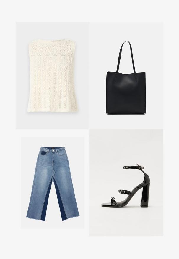 Kreminė be rankovių mezginys, su tekstūruotu raštu ir lapų motyvais, o kaklo iškirptė apvali. Nugaros užsegimas su nedideliu rakteliu.; Šviesiai mėlynos plačiakančios džinsai su kontrastingais tamsiai mėlynais įdėklais, suplėšytais kraštais ir standartine liemeniu su metaliniu užsegimu.; Juoda blizgi lakuota basutė su kvadratiniu pirštu, kulkšnies dirželiais ir sidabro sagtimis. Yra tvirta blokinė kulno konstrukcija, užtikrinanti stabilumą.; Juodas odinis tote krepšys su lygia tekstūra, stačiakampio formos ir dviem ilgais rankenomis. Matomų metalinių detalių ar puošybos nėra.