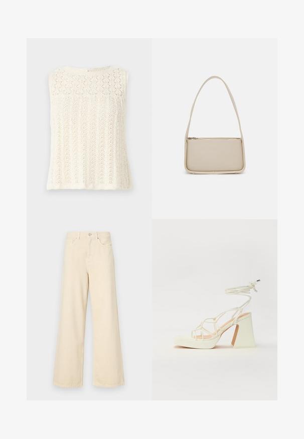 Kootud ilma varrukateta topp kreemjas värvuses, millel on reljeefne muster lehe motiividega ja ümmargune kaelus. Seljaosa sulgemine väikese aukudega.; Bežid laiad teksad, mis on valmistatud puuvillast. Omab nööbilukku, vöökohakujusid ja eesmine taskuid, millel on sile ja pehme tekstuur.; Valged kõrge kontsaga sandaalid, millel on paks konts ja rihmadega disain koos pahkluu sidumisega. Sile tekstuur ja platvorm ees, et lisada kõrgust.; Even&Odd Käekott - off white