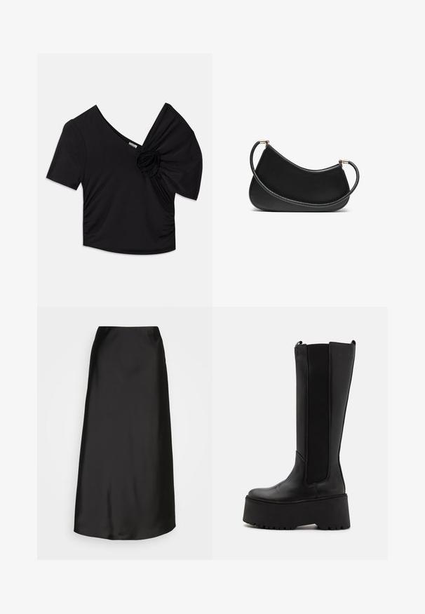 Must have lühikesed varrukad must särk, millel on sügav V-kaelus ja tekstuuriga lillede aksent ühel õlal, lisaks on külgedel kogumise detail.; Must mustrik midi seelik, millel on sile tekstuur, A-laini kuju ja õrn sära. Toode on lihtsa ja kauni disainiga, ilma kaunistusteta.; Mustad põlvikute kõrgused mustad saapad, millel on sile nahast keha, elastsed küljepaneelid ja paks platvormi tald, millel on profille.; Must musta õlakott, millel on kumer disain, tekstureeritud rihm ja kuldsetooniline riistvara ülemise sulgemise juures. Sile viimistlus.