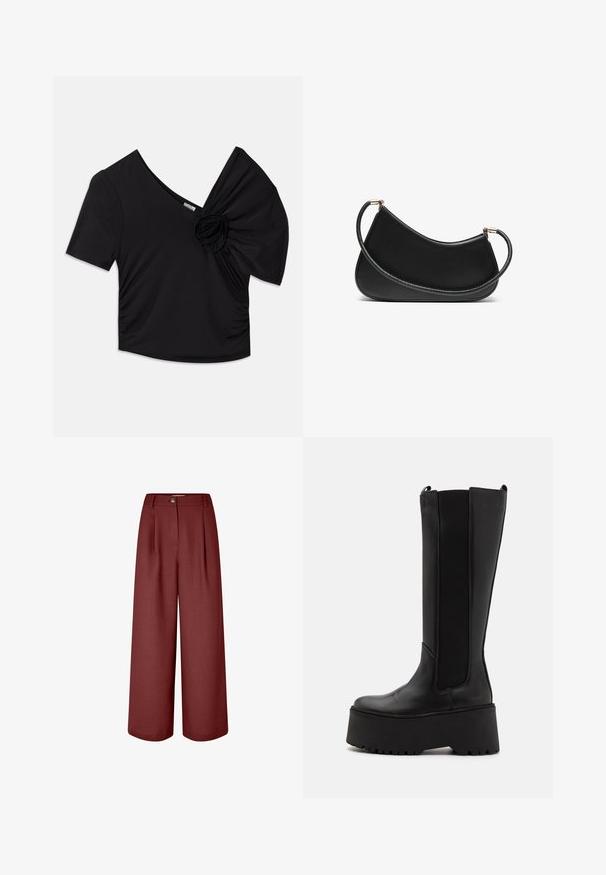 Juodas trumpomis rankovėmis viršus su giliu V formos iškirpimu ir tekstūruotu gėlių akcentu ant vieno peties bei sukauptais detalėmis šone.; Plati kojines kelnės turtingos burgundiškos spalvos, pagamintos iš lygios medžiagos. Yra juosmuo, priekiniai klostės ir vieno mygtuko užsegimas.; Juodos iki kelių siekiančios aulinės su lygaus odos kūnu, elastinėmis šoninėmis juostelėmis ir storu platformos padu su raštuota apatine dalimi.; Juodas odinis pečių krepšys su išlenktu dizainu, turintis tekstūruotą dirželį ir auksinės spalvos detalėmis viršutinėje užtrauktuko dalyje. Lygi apdaila.; Auksiniai auskarai su įvairiais dizainais, įskaitant studus, žiedus ir kabančius modelius su perlų ir kristalų akcentais.