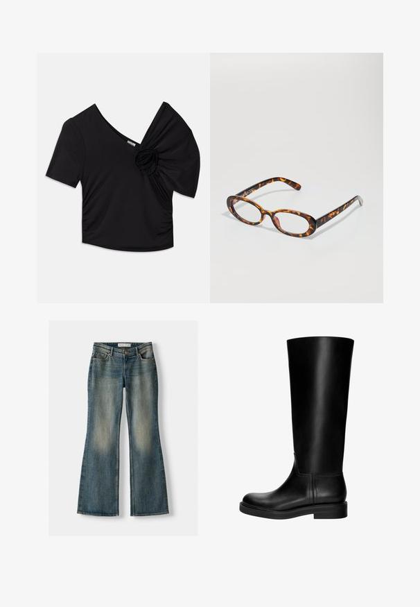 Čierny krátky rukáv top s hlbokým výstrihom do V a textúrovaným kvetinovým akcentom na jednom ramene s nariasením na boku.; Modré vyšívané džínsy s vyblednutým vzhľadom, piatimi vreckami a zapínaním na gombík. Materiál zobrazuje denimovú textúru s jemnými švovými detailmi.; Čierne kožené čižmy po kolená s hladkou textúrou, okrúhlou špičkou, nenápadným dizajnom a nízkym blokovým podpätkom. Žiadne viditeľné kovanie ani vzory.; Korytnačie okuliare s oválnymi šošovkami, so lesklým povrchom, štíhlymi ramenami a jemnými vzormi pripomínajúcimi tigerie pruhy.