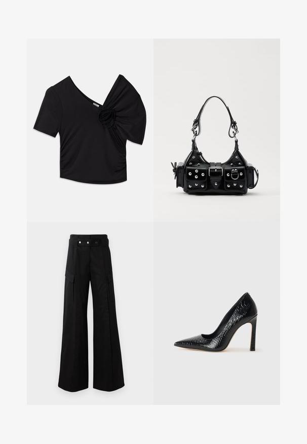 Crni majica kratkih rukava s dubokim V-izrezom i teksturiranim cvjetnim detaljem na jednom ramenu, uz naglašen nabor na strani.; Crne široke hlače s visokim strukom, s velikim bočnim džepovima, dva prednja dugmeta i detaljem u obliku petlje. Izrađene od čvrste tkanine.; Crne visoke potpetice s oštrim prstima, od teksture krokodilske kože, elegantnog dizajna, visoke stiletto potpetice i glatkog crnog unutrašnjosti.; Crna kožna torba s zakrivljenim dizajnom, koja sadrži srebrne zakovice, kopču i dva bočna džepa. Podesiva traka za različite opcije nošenja.