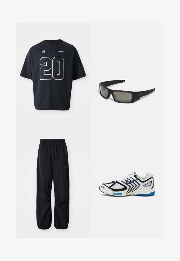 Black mesh athletic jersey featuring a large white number "20" on the front. Short sleeves and a round neckline, with logo detailing.; Black lightweight cargo pants with an elastic waistband, side zippers, and spacious pockets. Features a loose fit and tapered cuffs.; White athletic shoe with black accents, mesh panels, and blue details. Features a textured sole and sleek design lines.; Black sunglasses with a matte finish, rectangular lenses, slight curve on temples, subtle logo detail, and smoke-tinted lenses.