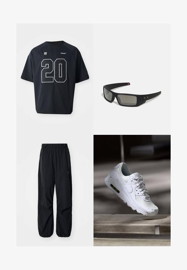 Svart mesh idrettsjersey med et stort hvitt tall "20" på forsiden. Korte ermer og rund hals, med logodetaljer.; Sorte lettvekts cargo-bukser i svart med elastisk midje, sidelommer med glidelås og romslige lommer. Har en løs passform og innsnørede mansjetter.; Hvit Nike Air Max 90 sneakers med øvre del laget av mesh og skinn, perforert tåboks og en synlig luftenhet i hælen.; Sorte solbriller med mat finish, rektangulære linser, lett kurv på brillestengene, diskret logo detaljer, og røyktinted linser.