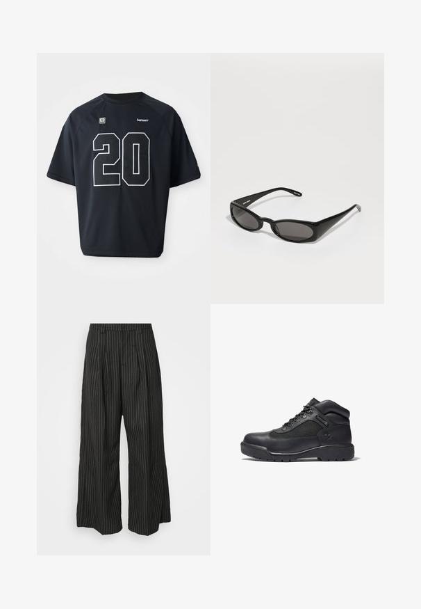 Zwarte mesh sporttrui met een groot wit nummer "20" op de voorkant. Korte mouwen en een ronde halslijn, met logo-details.; Zwarte gestreepte wijde broek met plooien, met een op maat gemaakt ontwerp en een zachte textuur. Geen zichtbare hardware of accenten.; Zwarte wandelschoen van leer en mesh, met een gevoerde kraag, vetersluiting, rubberen zool met profiel en een geperst logo.; Henrik Vibskov MEGAN SUNGLASSES UNISEX - Zonnebril - black