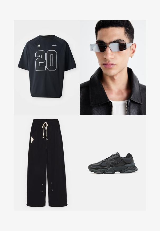 Schwarzes Mesh-Sport-Trikot mit einer großen weißen Nummer "20" auf der Vorderseite. Kurze Ärmel und ein runder Halsausschnitt, mit Logodetails.; Schwarze weite Hose aus weichem Stoff mit einem Tunnelzugbund, Seitentaschen und einer dreieckigen Akzenttasche. Silberne Hardware-Details sind enthalten.; Schwarzer Laufschuh mit einer Mischung aus Mesh- und sinthetischen Materialien, dicke Sohle, geschwungenes Design und auffälliger Markenkennzeichnung an der Seite.; Eckige, grau getönte Sonnenbrillen mit silberner Hardware, vor einem hellen Hintergrund. Die Gläser weisen eine einzigartige geometrische Form auf.