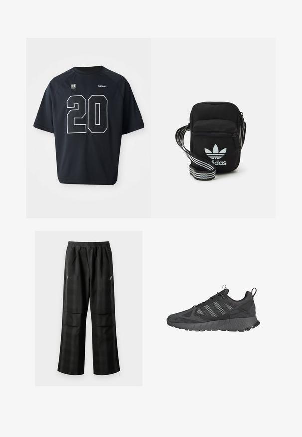 Black mesh athletic jersey featuring a large white number "20" on the front. Short sleeves and a round neckline, with logo detailing.; Black plaid pants featuring an elastic waistband, two front pockets, and a loose fit with a straight leg design. Made from lightweight material.; Black athletic shoes with mesh and suede upper, textured rubber sole, padded collar, and distinctive three-stripe design in gray.; Black fabric crossbody bag with a zipper closure, featuring a white Adidas logo and a striped adjustable strap for easy carrying.