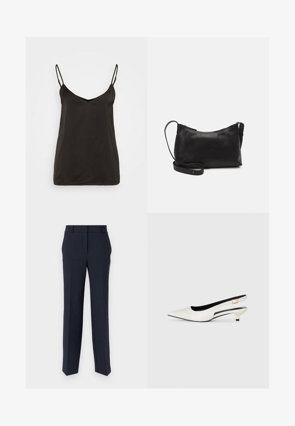 Camisola nera in satin con spalline regolabili, scollatura a V e design liscia e minimalista. Nessun motivo o accessorio visibile.; Pantaloni tailleur blu navy con taglio dritto, texture liscia e frontale piatto. Presentano due tasche laterali e un design della vita classico.; Scarpa slingback bassa in pelle bianca con punta affilata e fibbia dorata su sfondo chiaro.; Borsa a spalla in pelle nera con una texture liscia, forma curva, tracolla regolabile e chiusura con zip. Design minimalista senza ornamenti.; Set di cinque orecchini d'oro, con design vari: superfici intrecciate, rigate e lisce in forme ad anello e a mezzaluna.