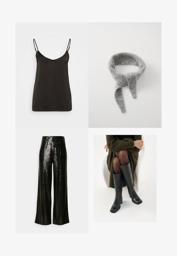 Camisole negru din satin, cu bretele spaghetti ajustabile, decolteu în V și un design neted, minimalistic. Fără modele sau accesorii vizibile.; Pantaloni largi negri cu paiete, cu o textură netedă și un design cu talie înaltă, care reflectă lumina datorită finisajului strălucitor.; Cizme din piele neagră, până la genunchi, cu vârf pătrat și toc bloc, prezentate pe un model așezat într-o haină verde măsline. Textură netedă, detalii minime.; Samsøe Samsøe DIAMOND SCARF - Fular - grey melange