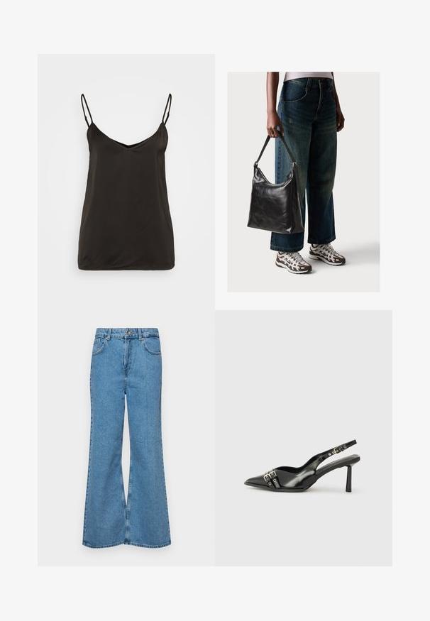 Black satin camisole with adjustable spaghetti straps, V-neckline, and a smooth, minimalistic design. No visible patterns or hardware.; Light blue flared jeans made of denim, featuring a high waist, five pockets, and a single button closure. Soft texture with faded finish.; Black patent leather slingback shoe with pointed toe, ankle straps featuring silver buckles and hardware, and a slender heel.; Black leather shoulder bag with a smooth texture and adjustable strap, paired with faded wide-leg jeans and athletic sneakers.
