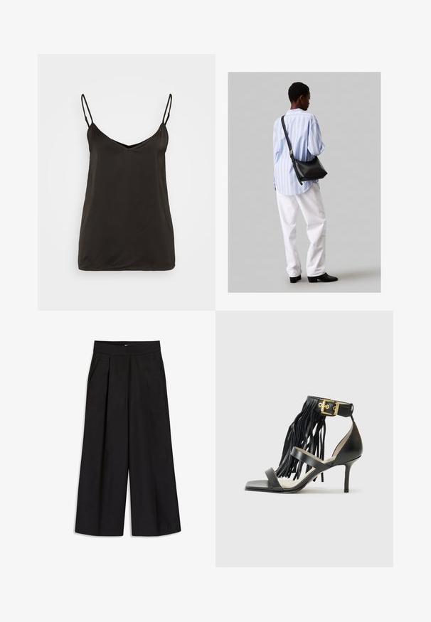 Černá saténová košilka s nastavitelnými tenkými ramínky, V-výstřihem a hladkým, minimalistickým designem. Bez viditelných vzorů nebo kovových prvků.; Černé široké kalhoty s plisováním, poutky na opasek a bočními kapsami. Hladká tkanina s upraveným povrchem. Bez viditelného kovového příslušenství či vzorů.; Černé sandály na vysokém podpatku s třásněmi, kotníkový pásek se zlatým kováním, plochá čtvercová špička a dva překřížené pásky přes nárt.; Černá kožená kabelka přes rameno s jemnou texturou, trojúhelníkovým tvarem a nastavitelným popruhem, v kombinaci se světle modrou pruhovanou košilí a bílými kalhotami.