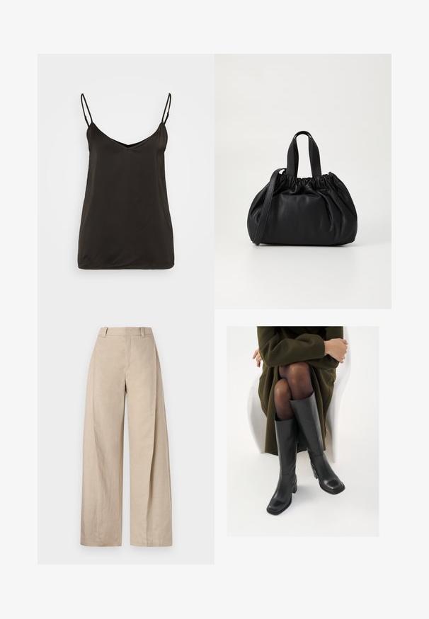 Black satin camisole with adjustable spaghetti straps, V-neckline, and a smooth, minimalistic design. No visible patterns or hardware.; Beige linen wide-leg trousers with a high waist, featuring a smooth texture and clean lines, designed for a relaxed fit.; Knee-high black leather boots with a squared toe and block heel, shown with a model seated in an olive green coat. Smooth texture, minimal detailing.; Black leather handbag with a gathered top design, featuring two short handles and a long adjustable strap. Smooth texture, rounded shape.