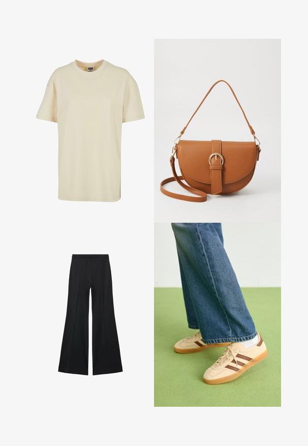 Kræmfarget crew neck t-shirt lavet af blød bomuld. Har korte ærmer og en afslappet pasform uden synlige mønstre eller accenter.; Sorte brede bukser med en glat tekstur, der har fremadrettede folder og en skræddersyet design. Stofferne er lette og flerdimensionelle.; Beige sneakers med teksturerede cremefarvede paneler og brune striber, parret med blå denim jeans. Jeansene har brede ben og en frynset kant.; Brun læder crossbody taske med en buet form, guldfarvet hardware og en spændeaccent. Har en aftagelig skulderrem.