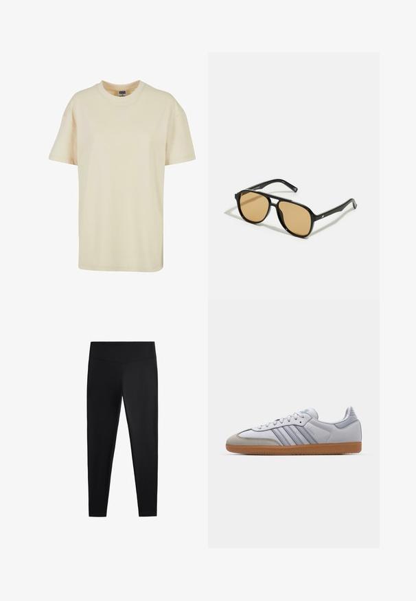 Crème kleurige crewneck t-shirt van zacht katoen. Heeft korte mouwen en een relaxte pasvorm zonder zichtbare patronen of accenten.; Zwarte leggings van gladde, rekbare stof. Voorzien van een brede tailleband en een taps toelopend pootdesign, geschikt voor actieve of casual kleding.; Witte leren sneakers met lichtblauwe accenten, grijs suède neus en een bruine rubberen zool. Voorzien van drie blauwe strepen en "Samba"-branding.; Zwarte zonnebril met bruin getinte lenzen; rechthoekige vorm met een dikke rand, inclusief subtiele hardware accenten op de veertjes.