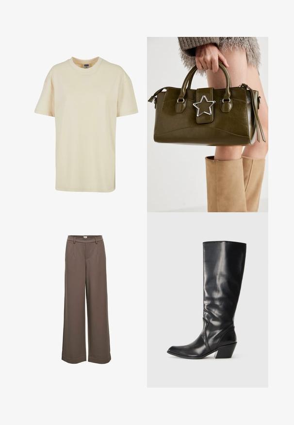 Kreminės spalvos apvalaus kaklo marškiniai, pagaminti iš minkštos medvilnės. turi trumpas rankoves ir laisvą siluetą, be matomų raštų ar akcentų.; Platus kelnes iš minkštos, rudos medžiagos. Yra aukštas juosmuo, dvi priekinės kišenės ir glotni tekstūra su laisvalaikio dizainu.; Juodų odinių iki kelių botų su smailiu pirštu, kampiniu kulnu ir lygiu paviršiumi. Šone yra subtilus siuvinėjimo akcentas.; Alyvuogių žalios spalvos dirbtinės odos rankinė su sidabro žvaigždės akcentu, dviem rankenomis ir užtrauktuko uždarymu. Tekstūruotas paviršius ir struktūrizuota forma.