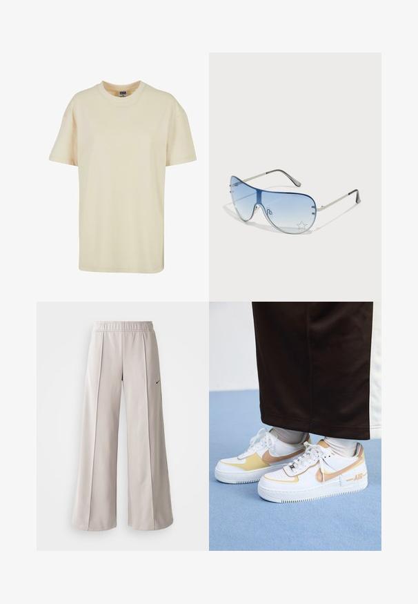 Krējuma krāsas polo krekls ar apaļu kakla izgriezumu, izgatavots no mīkstas kokvilnas. Tam ir īsas piedurknes un brīvs piegriezums, bez redzamām rakstainām vai dekoratīvām detaļām.; Gaiši pelēkas platas bikses, izgatavotas no gludas auduma. Iezīmēta ar elastīgu jostu un melnu Nike logo kreisajā pusē.; Baltas ādas sporta apavi ar zelta akcentiem, ar caurumiem purngalā, plakanām auklām un biezu gumijas zoli ar "AIR" logo sānos.; Pilotstila saulesbrilles ar gradienta zilām lēcām, sudraba metāla rāmjiem un dekoratīvām zvaigžņu akcentiem uz lēcām. Gluda un eleganta dizaina.