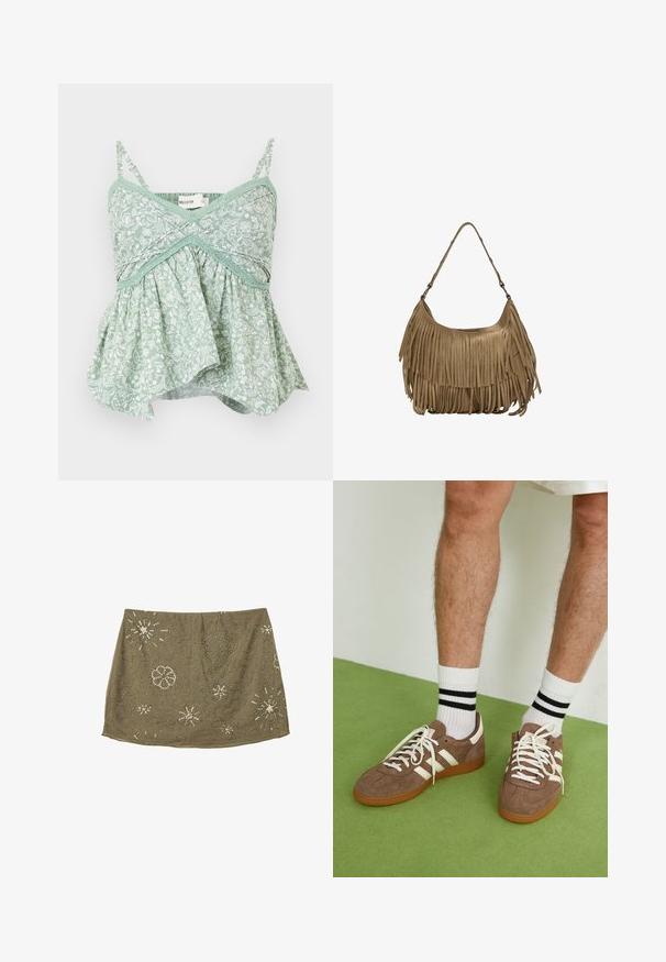 Mintt vihreä kukkakuvioinen toppi ohuilla säädettävillä olkaimilla, pitsireunuksella ja liehuvalla alaosalla. Kevyt puuvillamateriaali.; Oliivinvihreä hame, jossa on muotoiltu vyötärö, ja hopeahelmi koristeita kukka- ja tähtikuosisissa, luoden tekstuurin pintasuunnittelun.; Ruske nahkate sneakerit valkoisilla korostuksilla ja nauhoilla. Kumi-gumipohja. Yhdistetty valkoisiin sukkiin, joissa on mustia raitoja. Vihreä teksturoitu lattia.; Ruskea mokkanahkainen käsilaukku, jossa on pitkät fringer yksityiskohdat, kaareva muoto ja yksi olkahihna. Pinta on sileä ja teksturoitu.