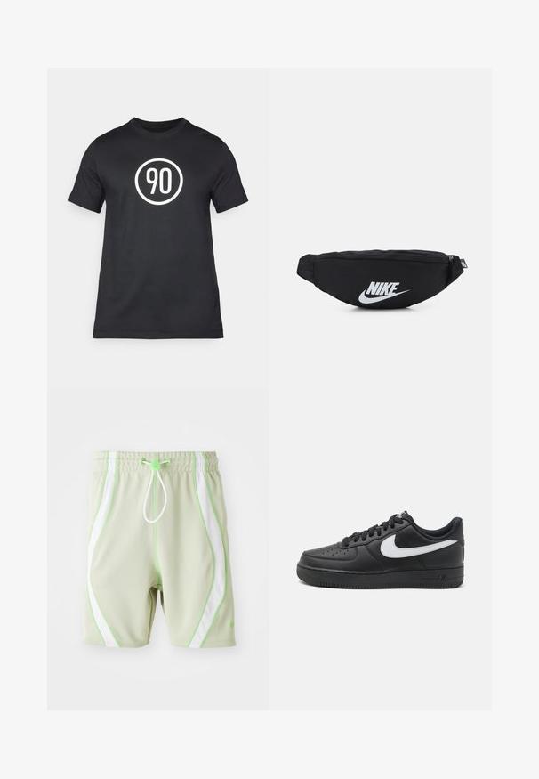 Schwarzes Baumwoll-T-Shirt mit einem weißen kreisförmigen Grafikdesign, in dessen Mitte die Zahl "90" steht. Klassische Rundhalsform, kurze Ärmel.; Hellgrüne Sportshorts mit weißen Mesh-Seiteneinsätzen und grünen Akzenten. Sie verfügen über einen elastischen Bund und eine Kordelzugverschluss.; Schwarze Nike Air Force 1 Sneakers mit einem glatten Lederobermaterial, weißem Logo-Akzent, durchlöchtem Zehenbereich und strukturierter Gummisohle.; Schwarze Nylon-Hüfttasche mit Reißverschluss, ausgestattet mit einem großen weißen Nike-Logo. Glatte Textur und ergonomisches Design für einen bequemen Tragekomfort.