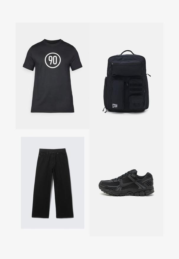 Schwarzes Baumwoll-T-Shirt mit einem weißen kreisförmigen Grafikdesign, in dessen Mitte die Zahl "90" steht. Klassische Rundhalsform, kurze Ärmel.; Schwarze weit geschnittene Jeanshose aus Denim, ausgestattet mit einem klassischen Fünf-Taschen-Design und einem strukturierten Taillenbund mit Gürtelschlaufen.; Schwarzer Sportschuh mit mesh-Obermaterial, Gummisohle und strukturierten Akzenten. Das Design umfasst ein ausgeprägtes Schnürsystem und eine gepolsterte Sohle.; Schwarzer Rucksack aus strapazierfähigem Material. Verfügt über mehrere mit Reißverschluss versehene Taschen, einschließlich eines vorderen Fachs, sowie Klettverschlussflächen für Anhänge.