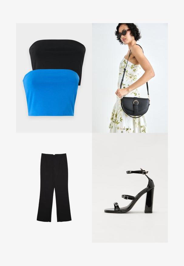 Dva topy bez ramienok, jeden čierny a jeden modrý, vyrobené z hladkej textílie. Obe majú rovný výstrih a priliehavý strih.; Čierne nohavice so strihom rovného strihu, s prednými vreckami a bočnými rozparkami na leme. Vyrobené z mäkkej, hladkej tkaniny. Vhodné na rôzne príležitosti.; Čierne lakované sandále na podpätku so štvorcovou špičkou, navlečenými remienkami okolo členku a striebornými prackami. Disponujú masívnym blokovým podpätkom pre stabilitu.; Čierna kožená kabelka s zaobleným tvarom, odnímateľným popruhom a zlatými doplnkami. Kabelka má klopu s detailom s prackou.