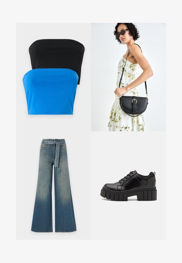 Divi bez piedurknēm topi - viens melns un otrs zils, izgatavoti no gludas auduma. Abiem ir taisns kakla izgriezums un pieguloša forma.; Platām kājām džinsu bikses ar gaismas līdz tumši zilam gradientam, augstu jostas līniju, jostas cilpām un atbilstošu auduma jostu. Tekstūrēts džinsas apdare.; Melnas ādas platformas kurpes ar masīvu bloku papēdi, apaļu purngalu un tradicionālu saistīšanas dizainu. Izceļas ar gludu tekstūru un minimālu apdari.; Melnas ādas rokassoma ar izliekta formu, noņemamu siksnu un zelta aksesuāriem. Somai ir vāciņš ar sprādzes detaļu.