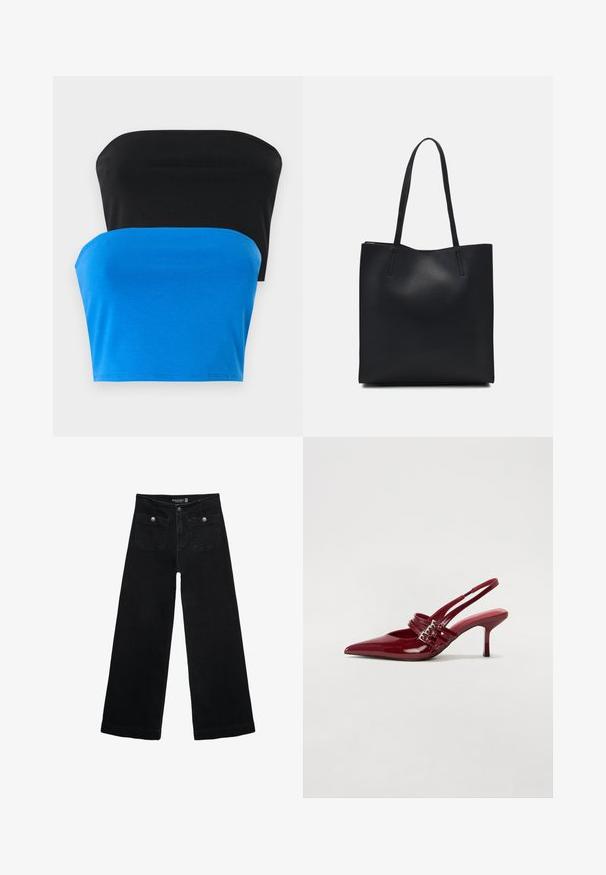 Dve brezramne majice, ena črna in ena modra, narejene iz gladkega materiala. Obe imata ravno ovratnico in prilegajočo se zasnovo.; Črne široke kavbojke z visokim pasom, ki imajo dva sprednja žepa in kovinske gumbi. Tkanina ima gladko teksturo.; Rde lakirane sandalete na peto s ostrim nosom, dvema sponkami in tanko, srednje visokim peto središče. Gladka tekstura.; Črna usnjena torba s svilnato teksturo, pravokotne oblike in dvema dolgima ročajema. Brez vidnih metalnih delov ali okrasnih elementov.